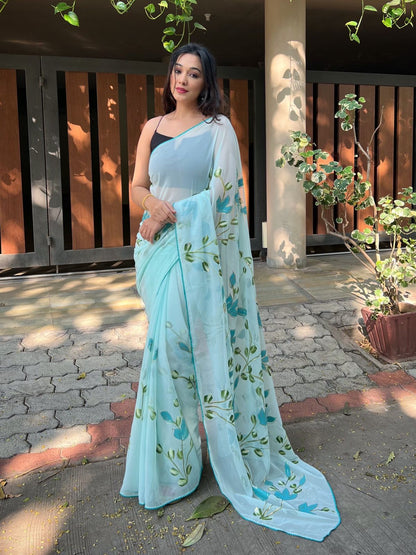 Rajwada Light Blue Georgette Printed Saree With Unstitched Blouse For Women