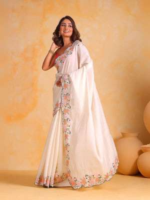 Rajwada White Silk Blend Embroidered Saree With Unstitched Blouse For Women