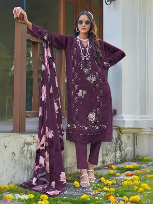 Rajwada Wine Georgette Embellished Semi-Stitched Kurta Set For Women