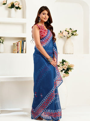 Rajwada Blue Cotton Linen Zari Work Saree For Women