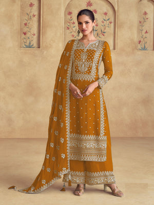 Rajwada Mustard Georgette  Embroidered Semi-Stitched Kurta Set For Women