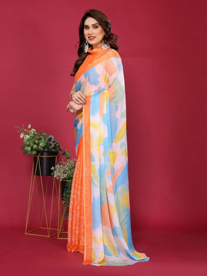 Rajwada Orange Silk Blend Printed Saree For Women