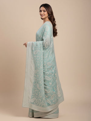 Rajwada Sky Blue Organza Embroidered Solid Saree For Women