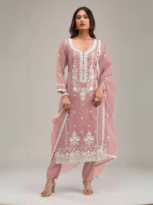 Rajwada Peach Cotton Blend Embroidered Semi-Stitched Kurta Set For Women