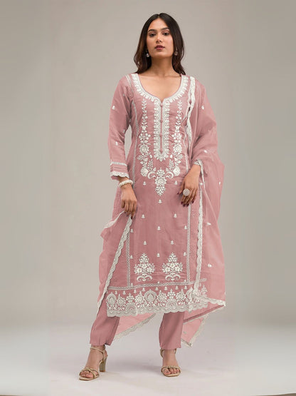 Rajwada Peach Cotton Blend Embroidered Semi-Stitched Kurta Set For Women