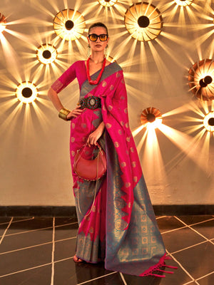 Rajwada Pink Silk Blend Woven Saree With Unstitched Blouse For Women