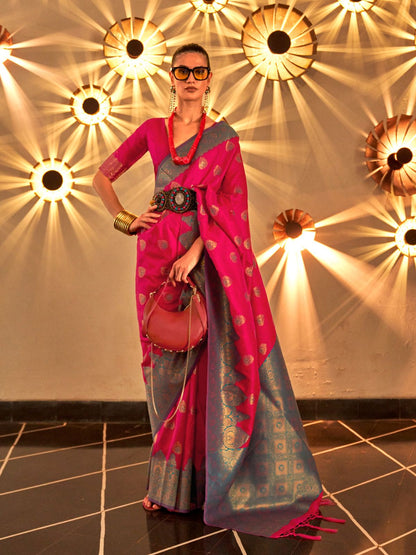 Rajwada Pink Silk Blend Woven Saree With Unstitched Blouse For Women