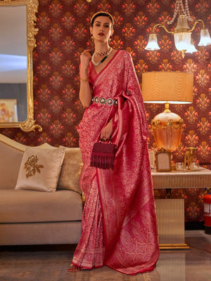 Rajwada Pink Silk Blend Woven Saree With Unstitched Blouse For Women