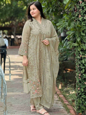 Rajwada Dusty Green Georgette Embroidered Semi-Stitched Kurta Set For Women