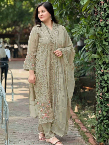 Rajwada Dusty Green Georgette Embroidered Semi-Stitched Kurta Set For Women