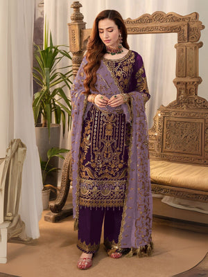 Rajwada Purple Georgette Embroidered Semi-Stitched Kurta Set For Women