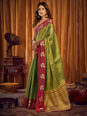 Rajwada Green And Maroon Silk Blend Solid Saree For Women