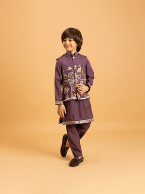 Rajwada Purple Viscose Silk Embroidered Stitched Kurta Set For Kids