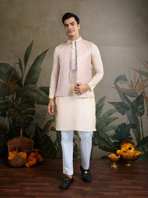 Rajwada Ivory Silk Blend Embellished Kurta For Men