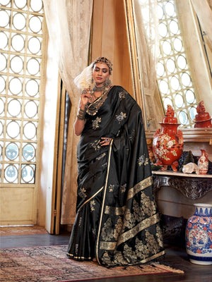 Rajwada Black Silk Blend Woven Saree With Unstitched Blouse For Women