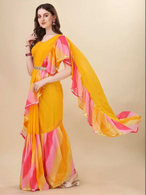 Rajwada Yellow Georgette Printed And Ruffle Saree For Women