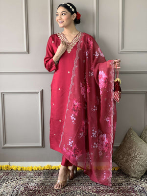 Rajwada Magenta Viscose Embroidered Stitched Kurta Set For Women