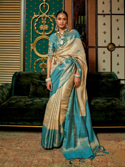 Rajwada Off White Silk Blend Woven Saree With Unstitched Blouse for Women