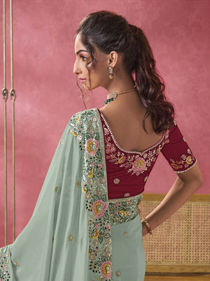 Rajwada Sea Green Georgette Embroidered Elegant Saree For Women