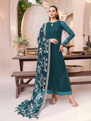 Rajwada Teal Georgette Embroidered Semi-Stitched Kurta Set For Women