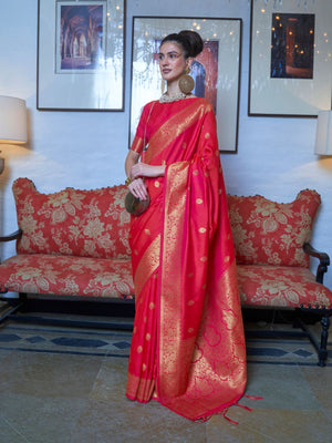 Rajwada Red Silk Blend Woven Saree With Unstitched Blouse for Women