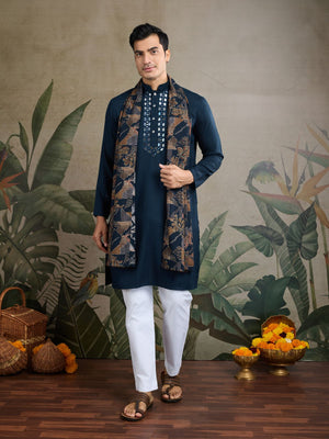 Rajwada Teal Blue Viscose Silk Woven Kurta For Men