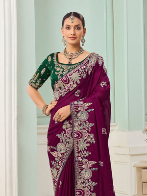 Rajwada Wine Satin Embroidered Saree For Women