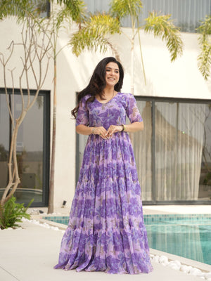 Rajwada Purple Georgette Printed Stitched Gown For Women
