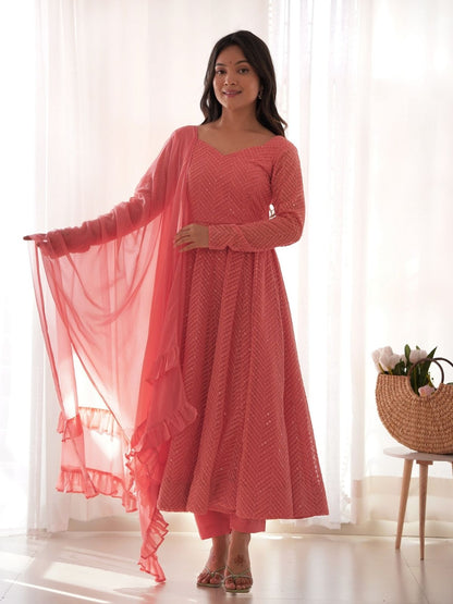 Rajwada Peach Georgette Embroidered Stitched Kurta Set For Women