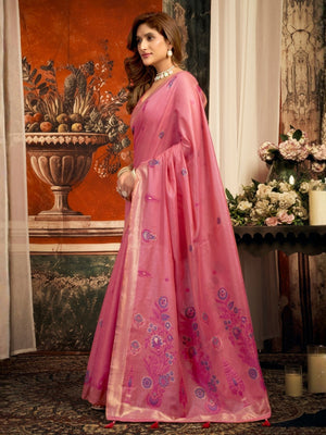 Rajwada Pink Cotton Blend Solid Saree For Women