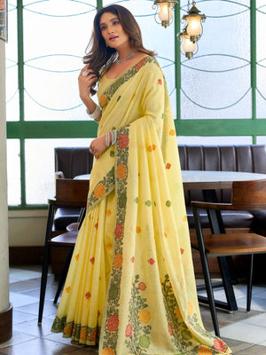 Rajwada Yellow Linen Blend Solid Saree For Women