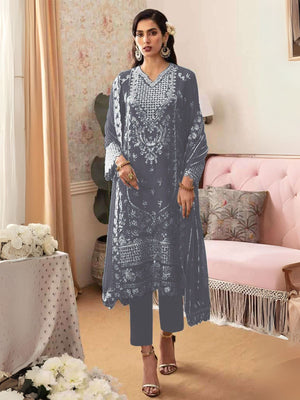 Rajwada Grey Georgette Embroidered Semi-Stitched Kurta Set For Women
