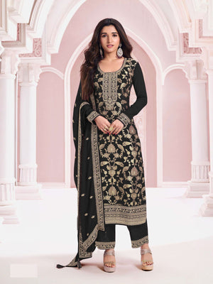 Rajwada Black Cotton Blend Embroidered Semi-Stitched Kurta Set For Women
