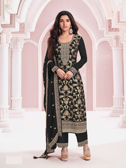 Rajwada Black Cotton Blend Embroidered Semi-Stitched Kurta Set For Women