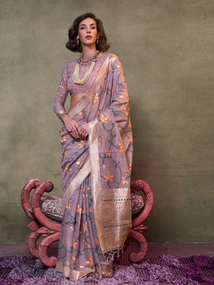 Rajwada Lavender Silk Blend Woven Saree With Unstitched Blouse For Women