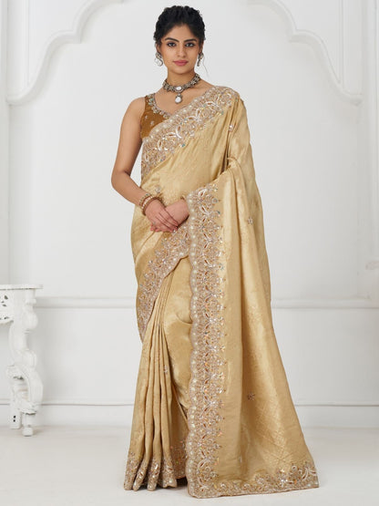 Rajwada Cream Viscose Silk Embellished Saree For Women