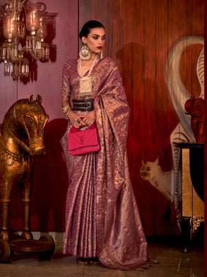 Rajwada Wine Silk Blend Woven Saree With Unstitched Blouse For Women
