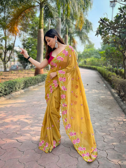 Rajwada Mustard Organza Embroidered Saree With Unstitched Blouse For Women