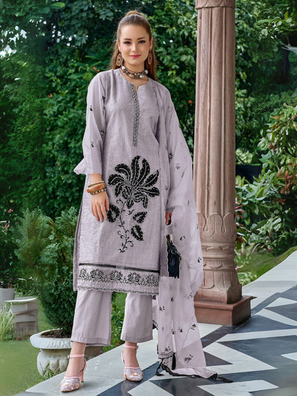 Rajwada Lavender Organza Embroidered Semi-Stitched Kurta Set For Women