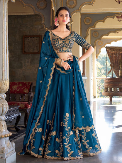 Rajwada Teal Blue Silk Blend Embroidered Lehenga For Women