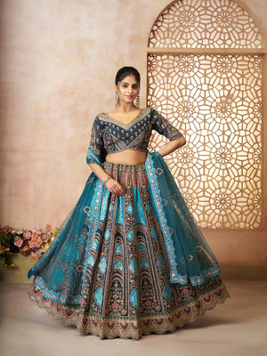 Rajwada Blue Banarasi Silk Embroidered Semi-Stitched Lehenga For Women