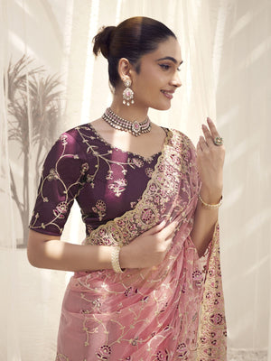 Rajwada Pink Embroidered Net Saree With Unstitched Blouse For Women