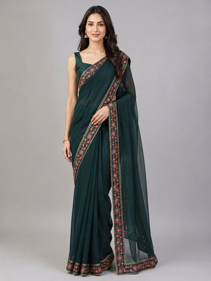 Dark Green Georgette Embellished Saree