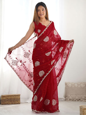 Rajwada Red Chiffon Embroidered Elegant Saree For Women