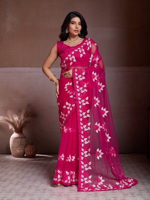 Rajwada Pink Net Embroidered Saree For Women