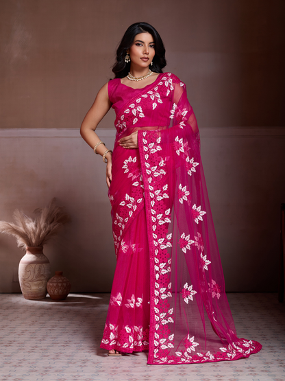 Rajwada Pink Net Embroidered Saree For Women