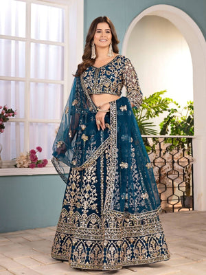Rajwada Teal Blue Net Sequence Embroidered Semi-Stitched Lehenga For Women