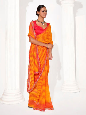 Rajwada Orange Cotton Linen Embellished Striped Saree For Women