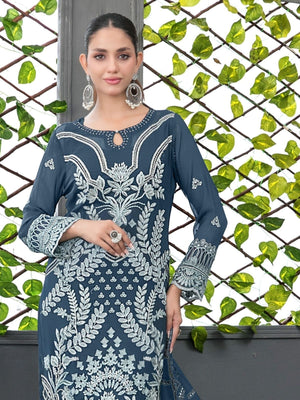 Rajwada Teal Blue Silk Blend Embroidered Semi-Sitched Kurta Set For Women
