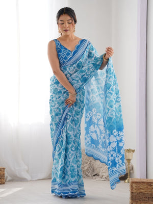 Rajwada Blue Chinon Printed Saree With Unstitched Blouse For Women